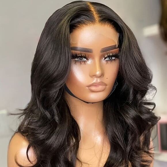 Short Black Wavy Synthetic Lace Front Wigs 10% Human Free Part Glueless Wig - Picture 1 of 6